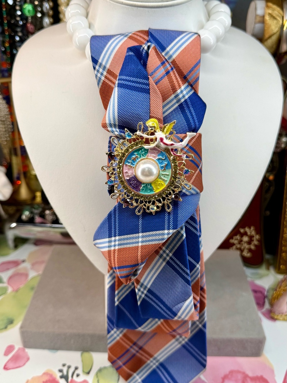 Vintage Plaid Blue & Orange Ribbon Brooch Necklace Tie with whimsical brooch